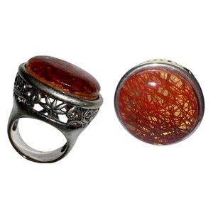 Large Red Rutilated Quartz Silver Tone Ring with Floral Accents